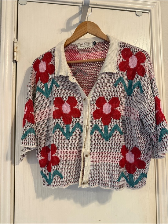 Bad little country girl Sweaters - Floral Crochet Cardigan Sweater - Red & Teal on Cream